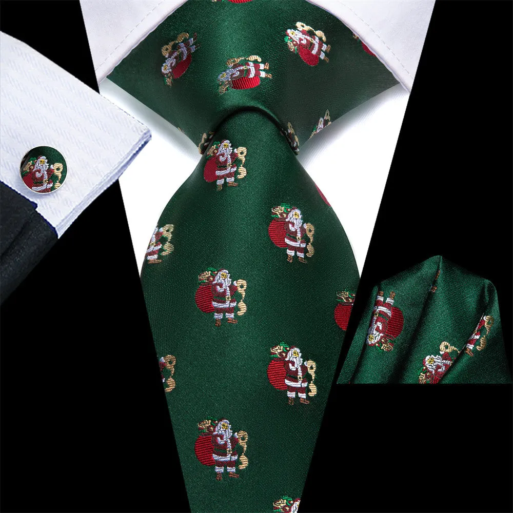 Hi-Tie Green Red Santa Claus Christmas Silk Necktie Pocket Square Cufflinks Set