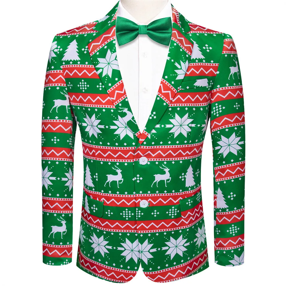 Hi-Tie Green Red Striped Snow Christmas Suit for Men