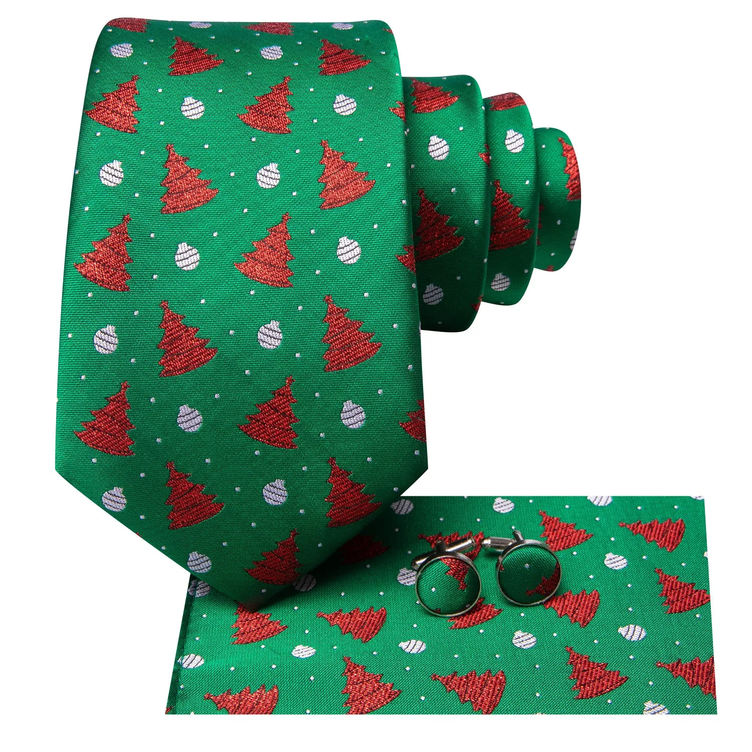 Hi-Tie Green Ties Christmas Tree Men's Tie Pocket Square Cufflinks Set