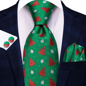 Hi-Tie Green Ties Christmas Tree Men's Tie Pocket Square Cufflinks Set