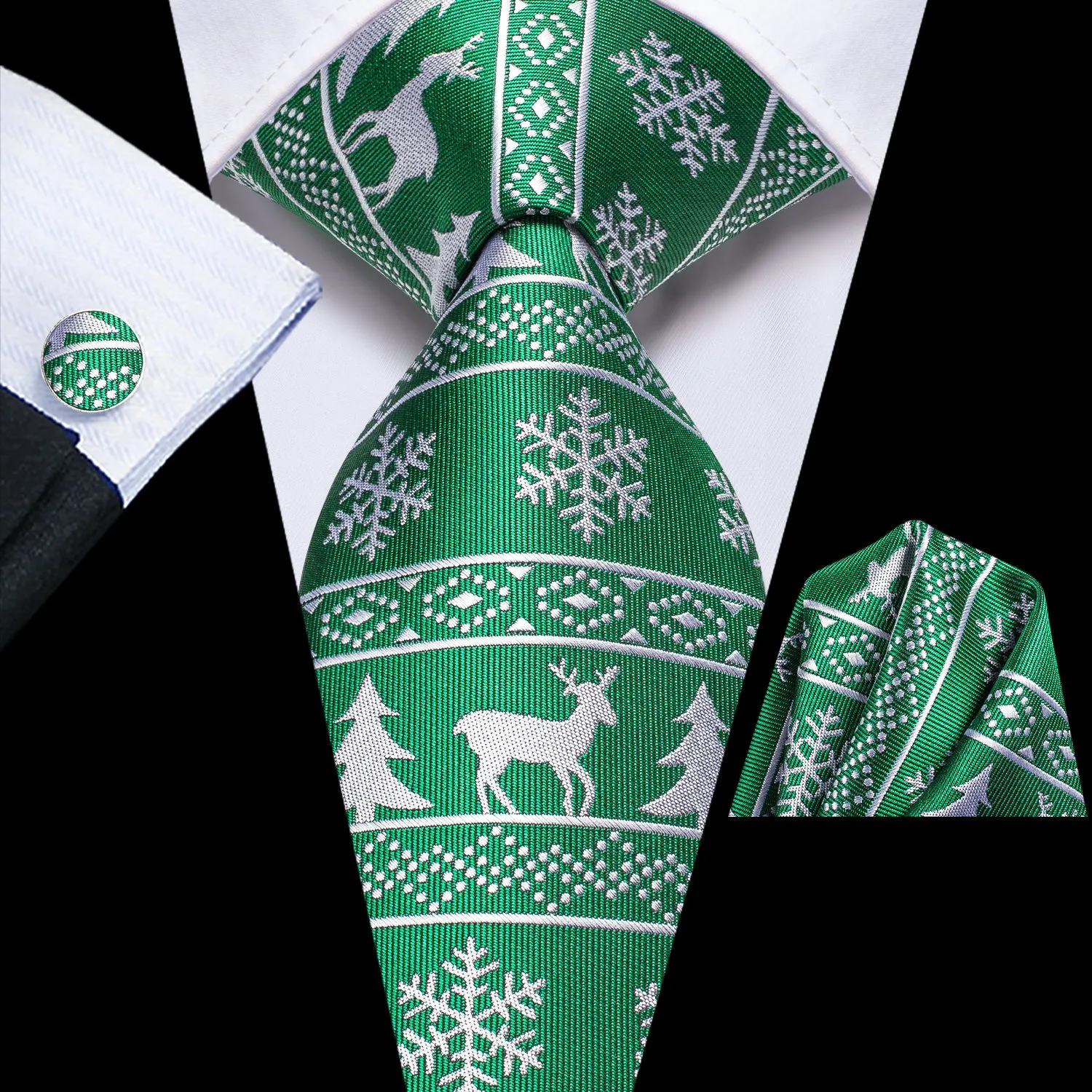 Hi-Tie Green White Novelty Christmas Tie Pocket Square Cufflinks Set