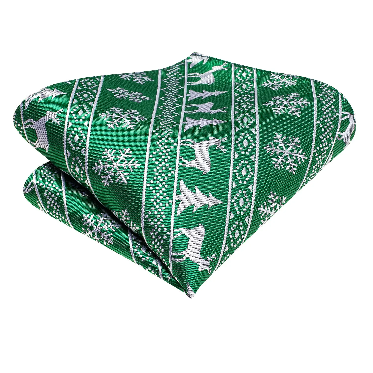 Hi-Tie Green White Novelty Christmas Tie Pocket Square Cufflinks Set