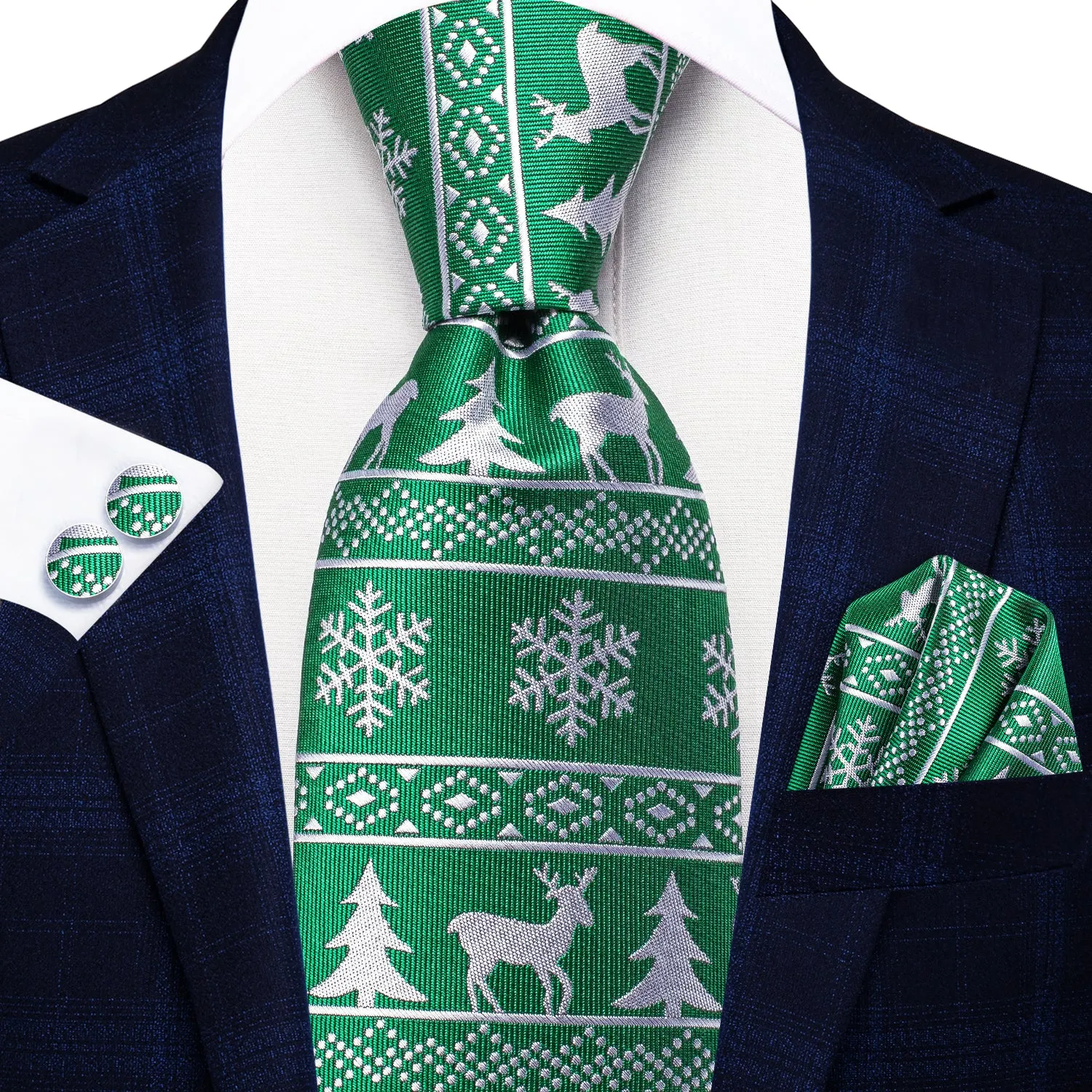 Hi-Tie Green White Novelty Christmas Tie Pocket Square Cufflinks Set