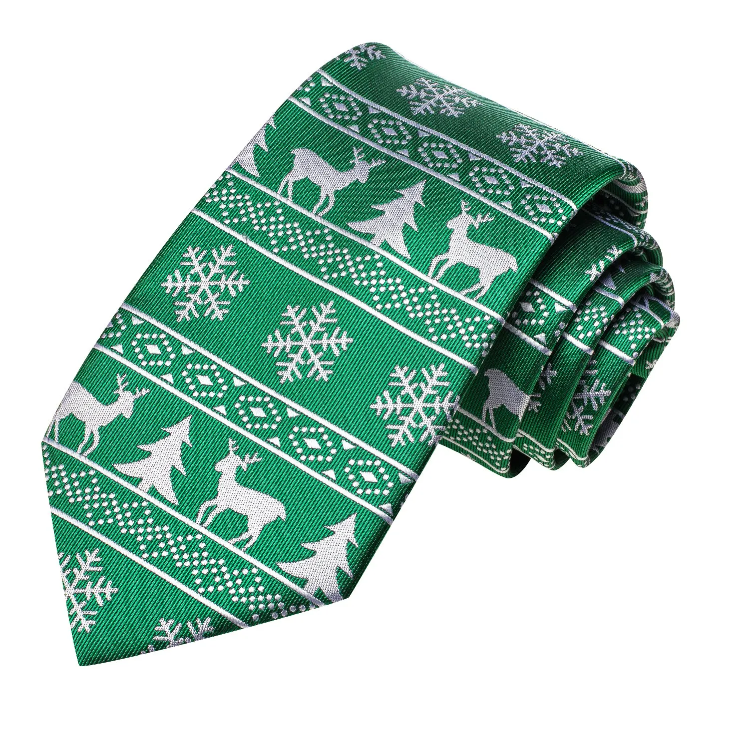 Hi-Tie Green White Novelty Christmas Tie Pocket Square Cufflinks Set