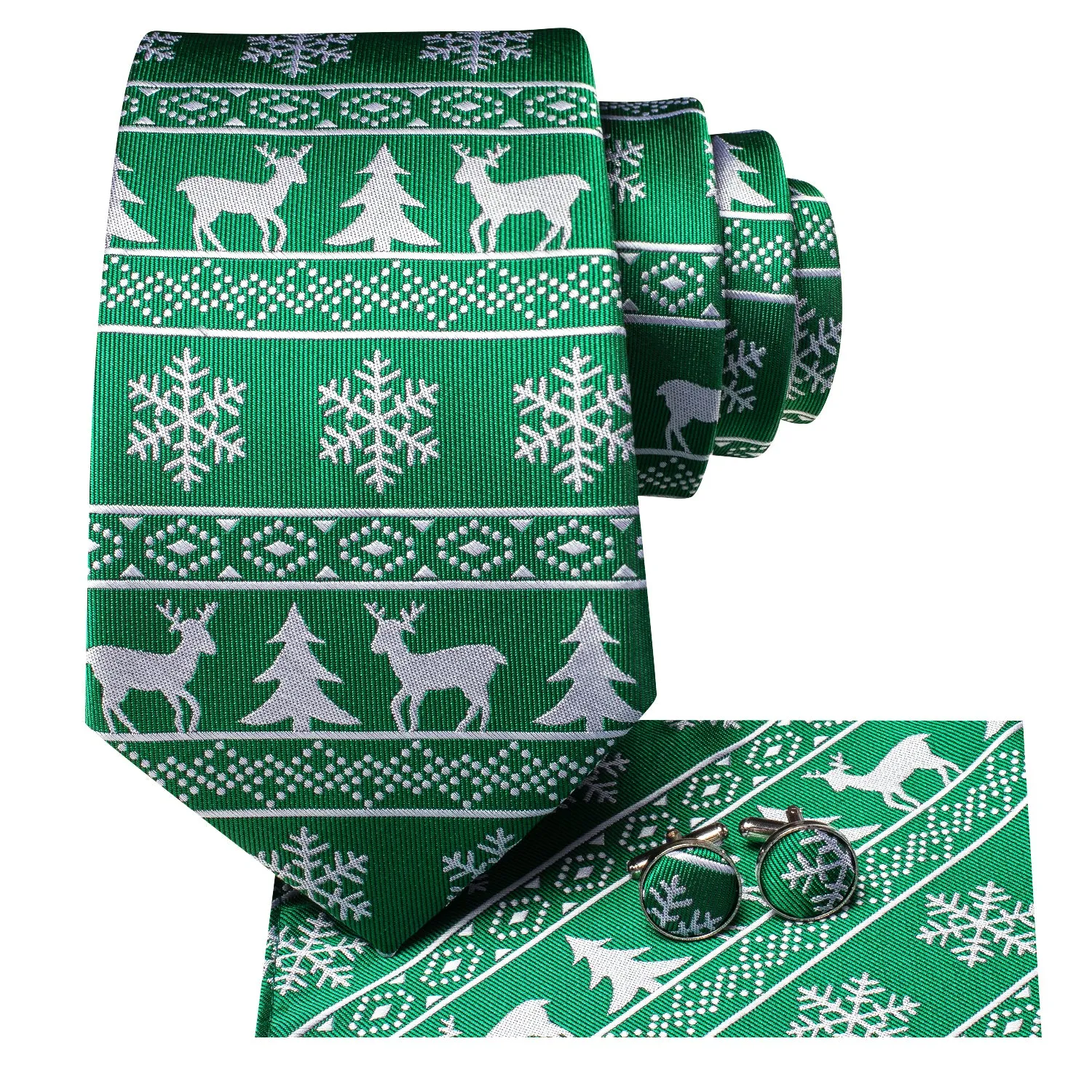 Hi-Tie Green White Novelty Christmas Tie Pocket Square Cufflinks Set