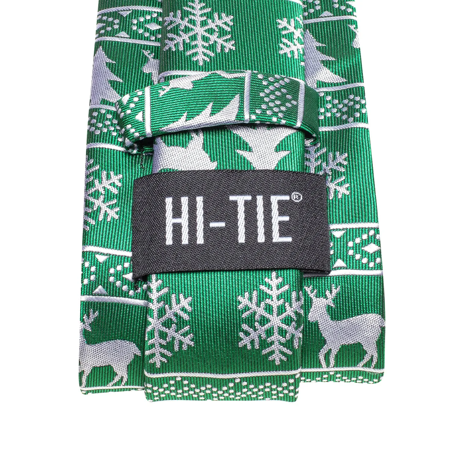 Hi-Tie Green White Novelty Christmas Tie Pocket Square Cufflinks Set