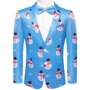 Hi-Tie Maya Blue Christmas Snowman Designer Silk Suit for Men