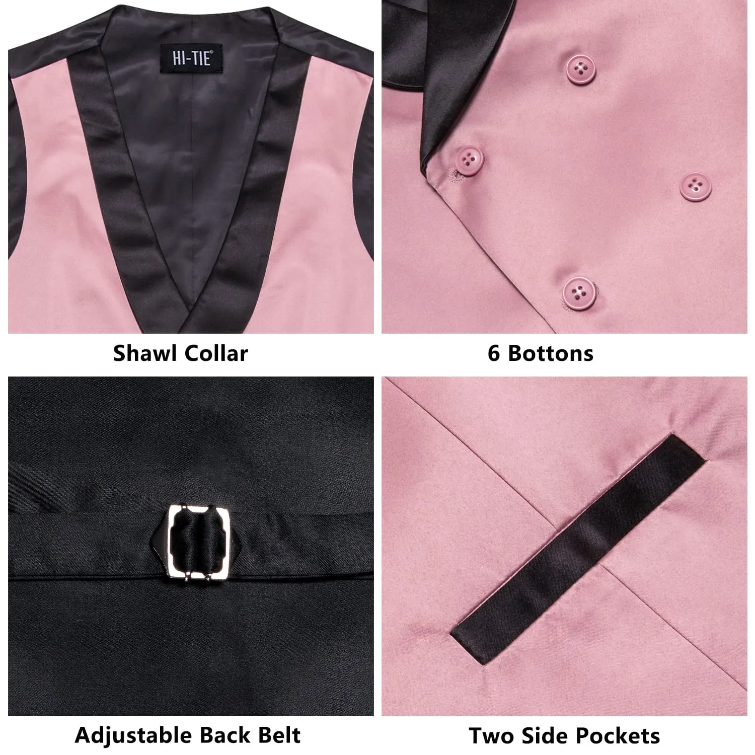 Hi-Tie Men's Vest Pink Double Breasted Black Shawl Lapel Waistcoat