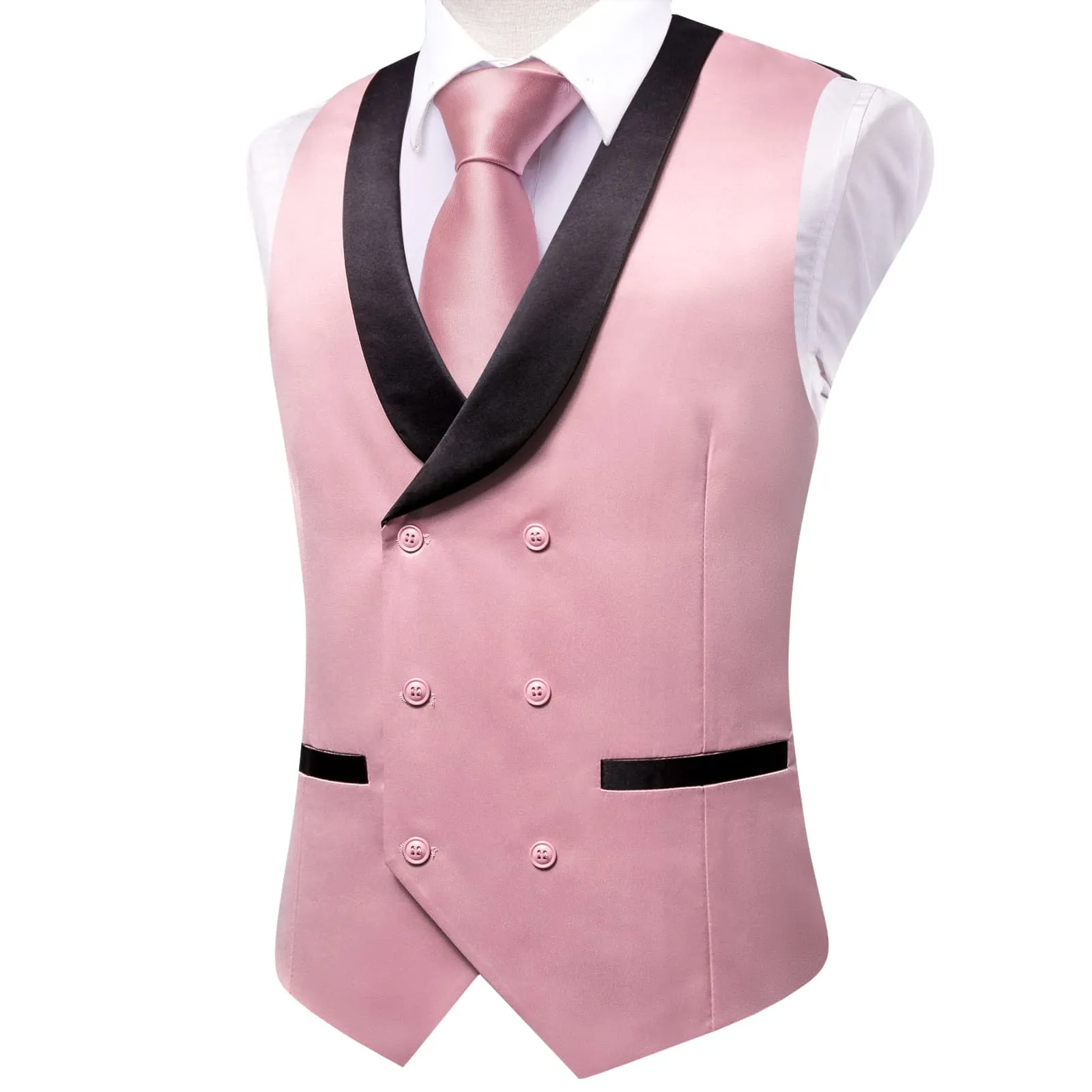 Hi-Tie Men's Vest Pink Double Breasted Black Shawl Lapel Waistcoat