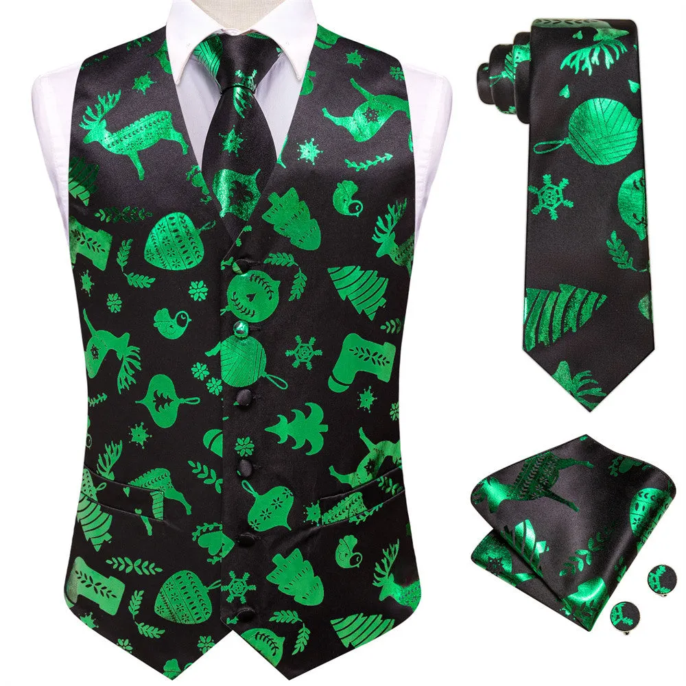 Hi-Tie Mens Waistcoat Black Green Tree Christmas Vest Necktie Set