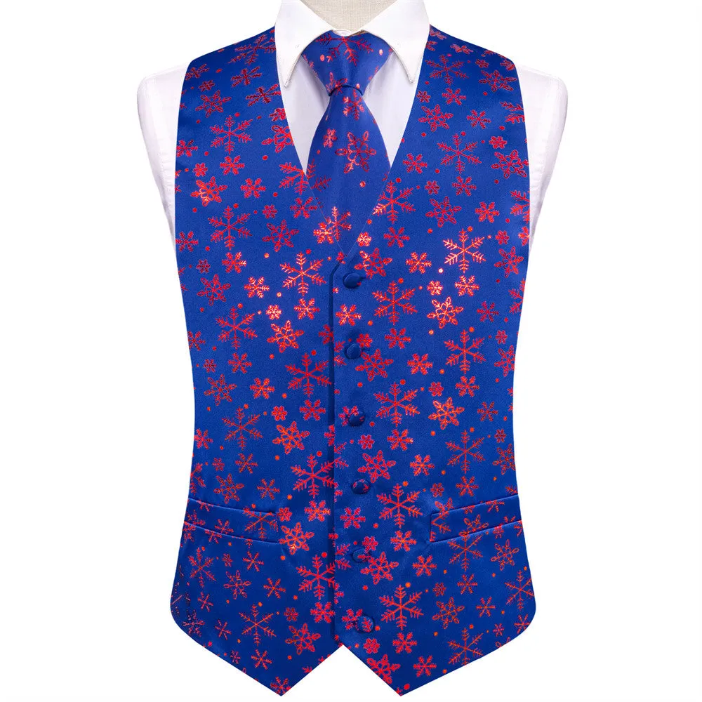 Hi-Tie Mens Waistcoat Blue Purple Snow Christmas Vest Necktie Set