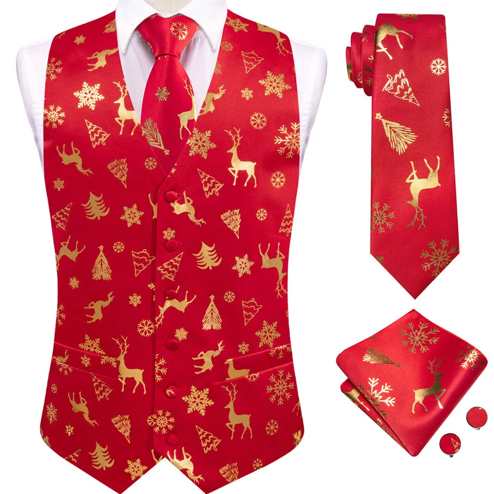 Hi-Tie Mens Waistcoat Red Gold Christmas Tree Elements Vest Necktie Set