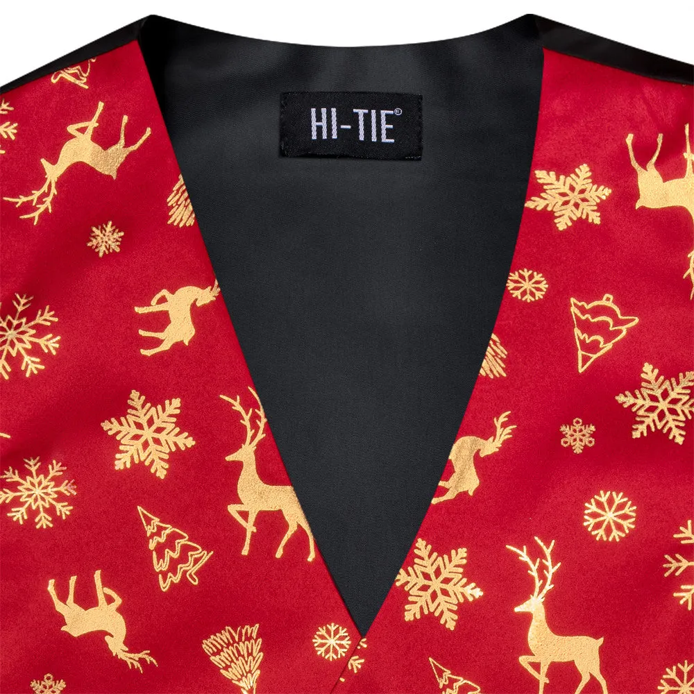 Hi-Tie Mens Waistcoat Red Gold Christmas Tree Elements Vest Necktie Set