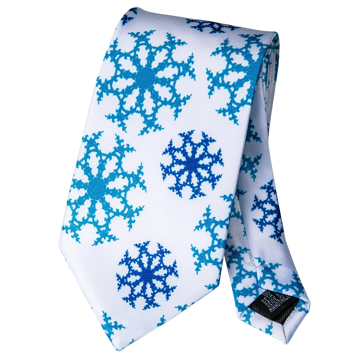 Hi-Tie Men's White Tie Blue SnowFlake Tie Pocket Square Cufflinks Set