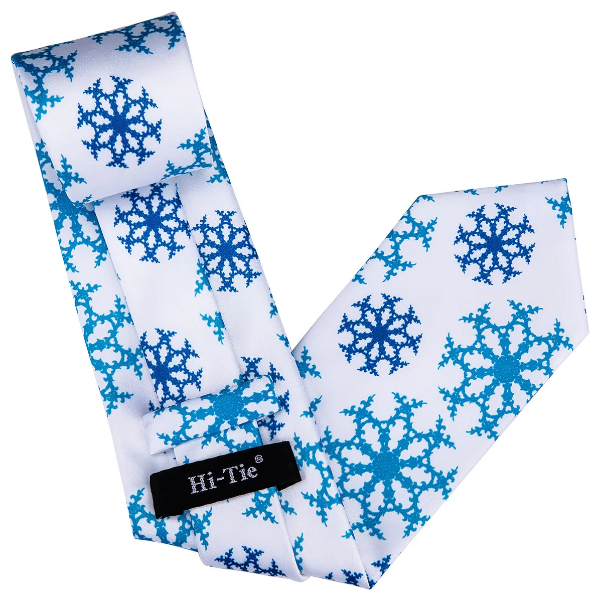 Hi-Tie Men's White Tie Blue SnowFlake Tie Pocket Square Cufflinks Set