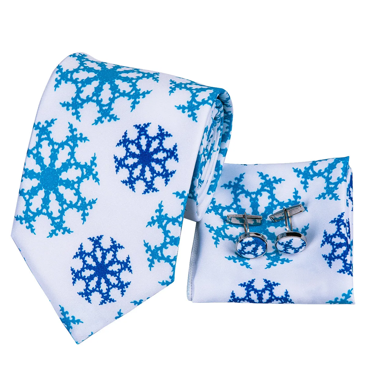 Hi-Tie Men's White Tie Blue SnowFlake Tie Pocket Square Cufflinks Set