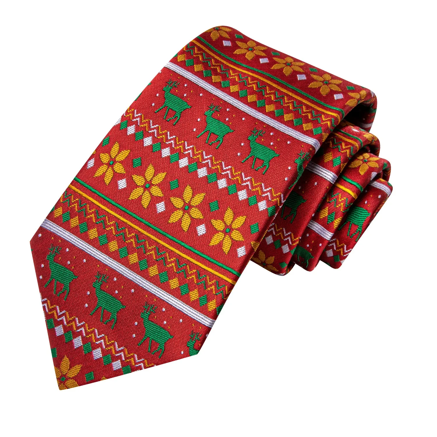 Hi-Tie Orange Yellow Green Deer Snowflake Necktie Hanky Cufflinks Set