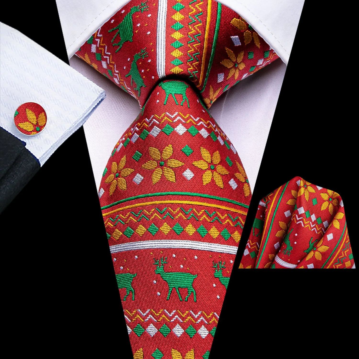 Hi-Tie Orange Yellow Green Deer Snowflake Necktie Hanky Cufflinks Set