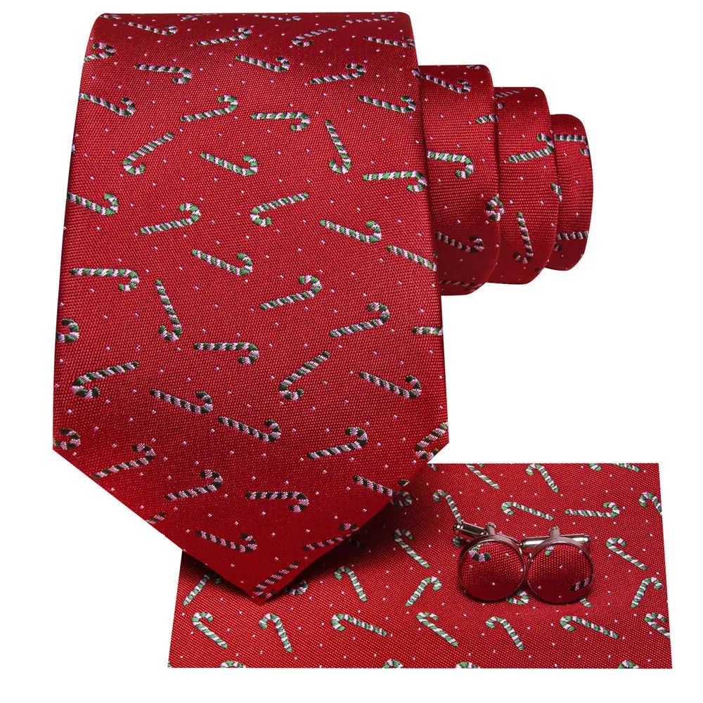 Hi-Tie Red Candy Cane Christmas Tie Pocket Square Cufflinks Set