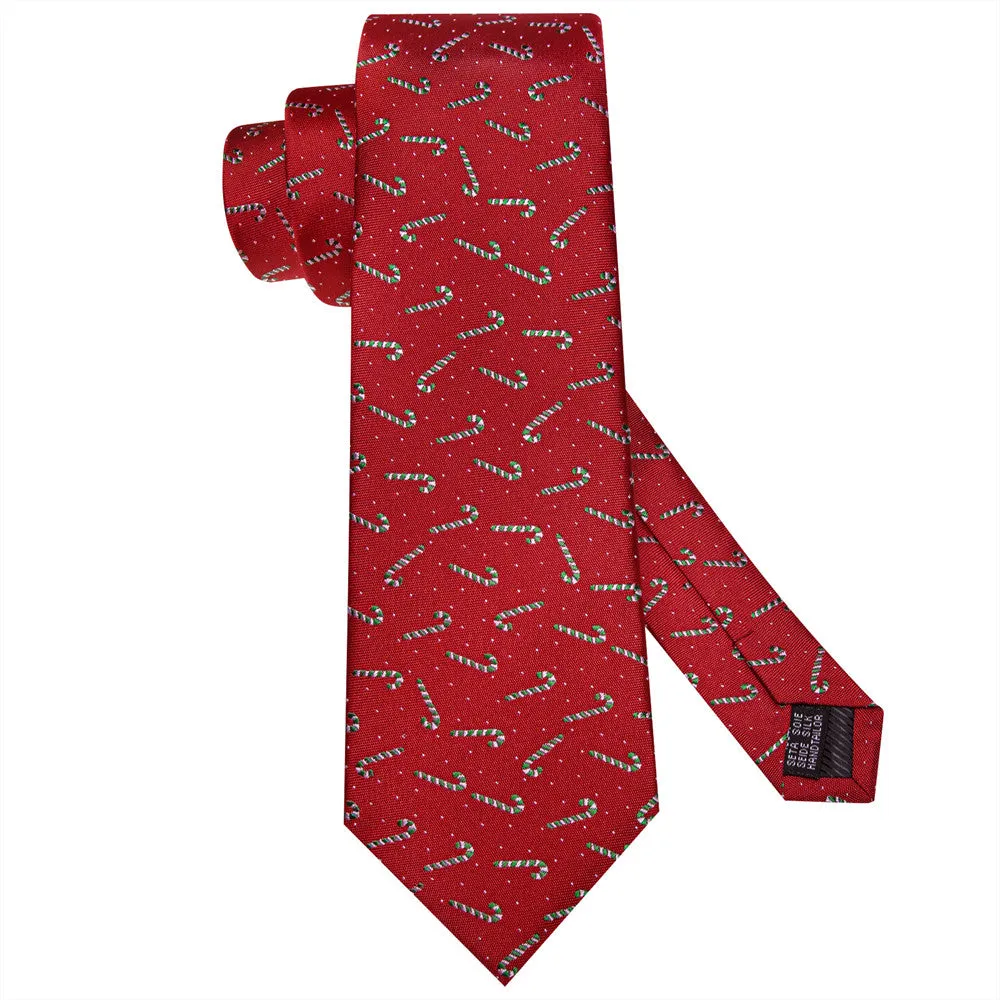 Hi-Tie Red Candy Cane Christmas Tie Pocket Square Cufflinks Set