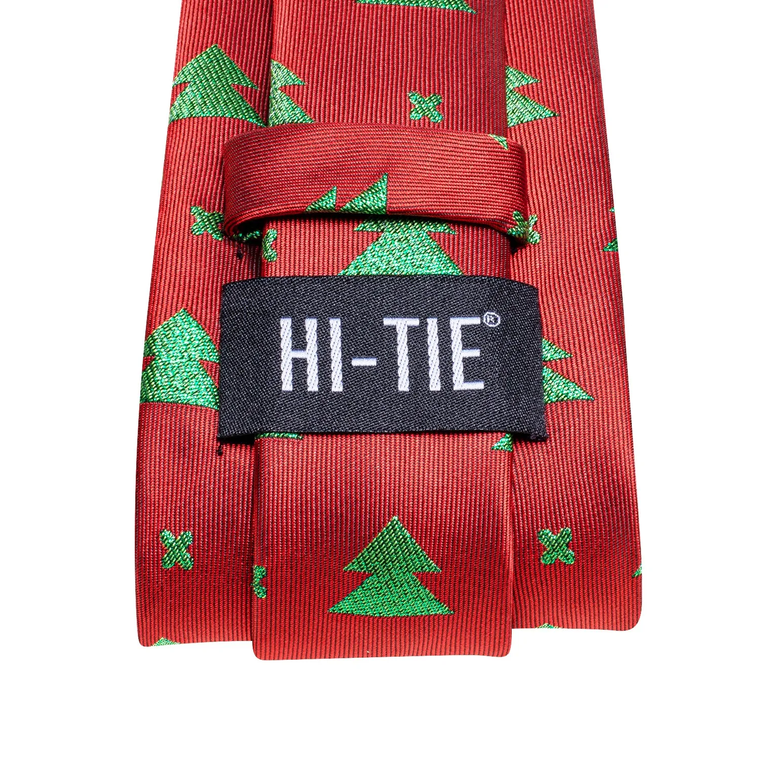 Hi-Tie Red Green Christmas Tree Necktie Pocket Square Cufflinks Set