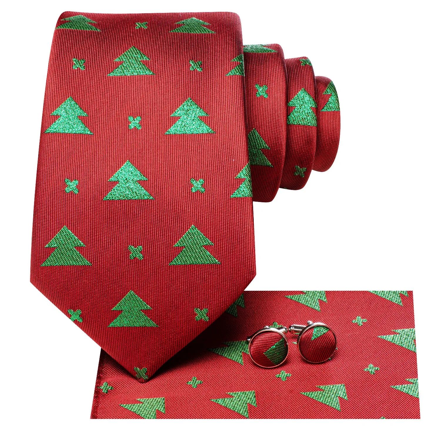 Hi-Tie Red Green Christmas Tree Necktie Pocket Square Cufflinks Set