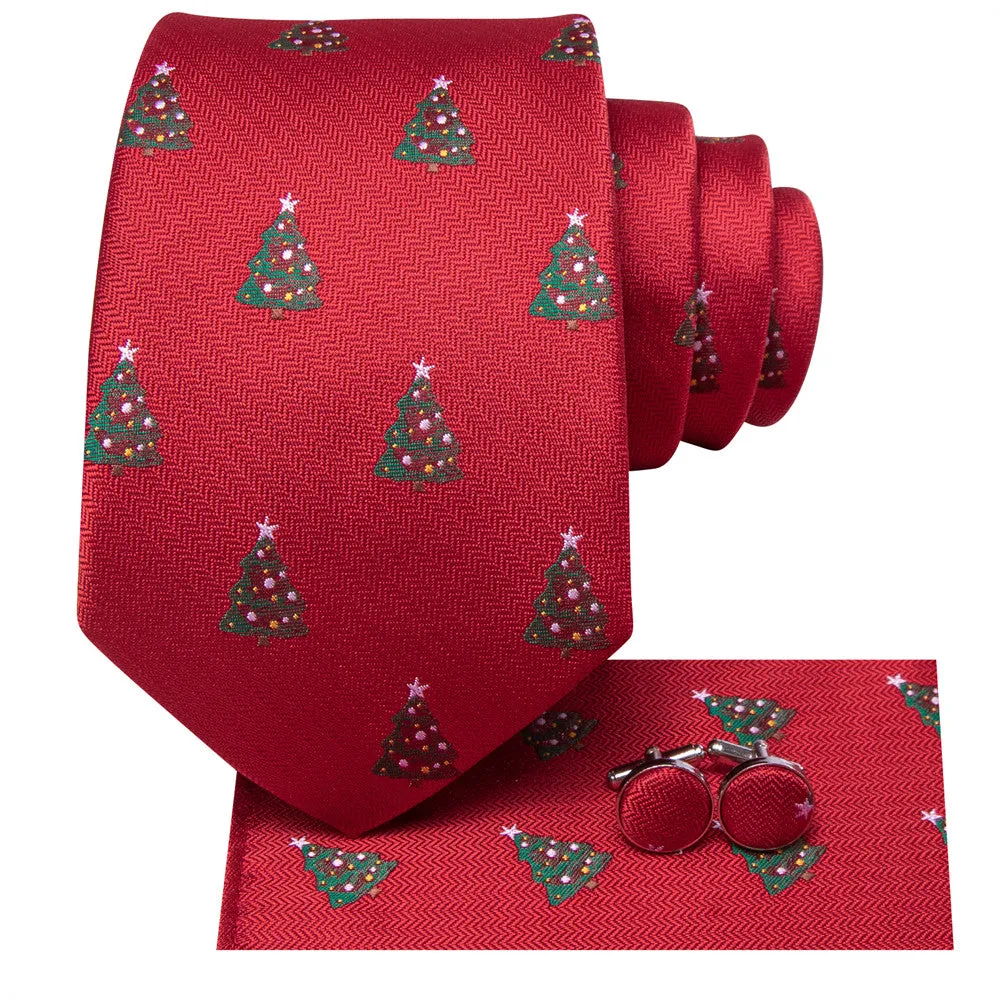 Hi-Tie Red Green Christmas Tree Silk Necktie Pocket Square Cufflinks Set