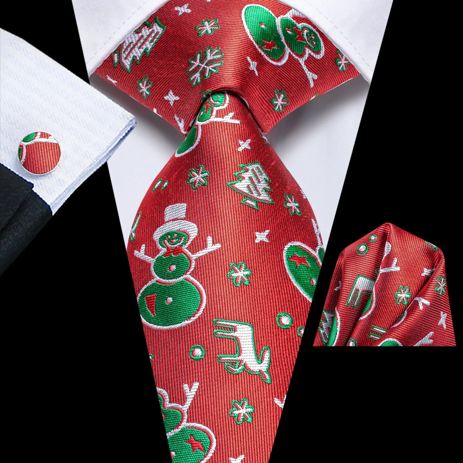 Hi-Tie Red Green Snowman Christmas Necktie Pocket Square Cufflinks Set