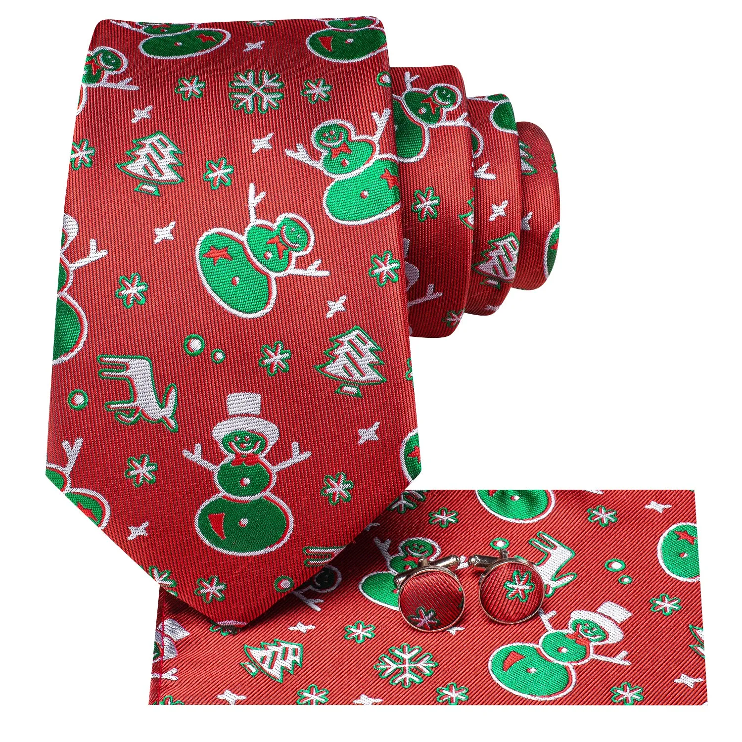 Hi-Tie Red Green Snowman Christmas Necktie Pocket Square Cufflinks Set