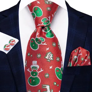 Hi-Tie Red Green Snowman Christmas Necktie Pocket Square Cufflinks Set