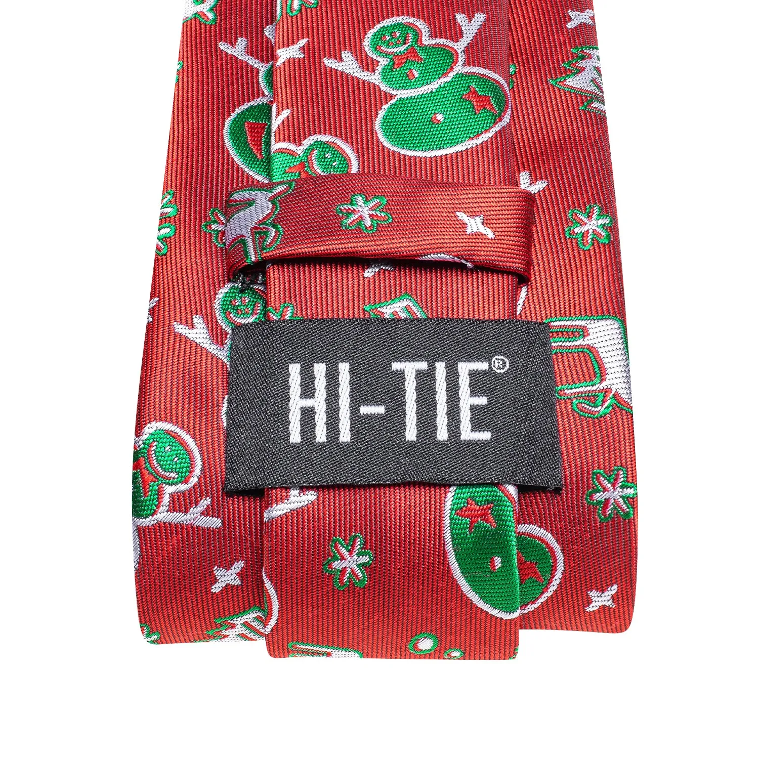 Hi-Tie Red Green Snowman Christmas Necktie Pocket Square Cufflinks Set