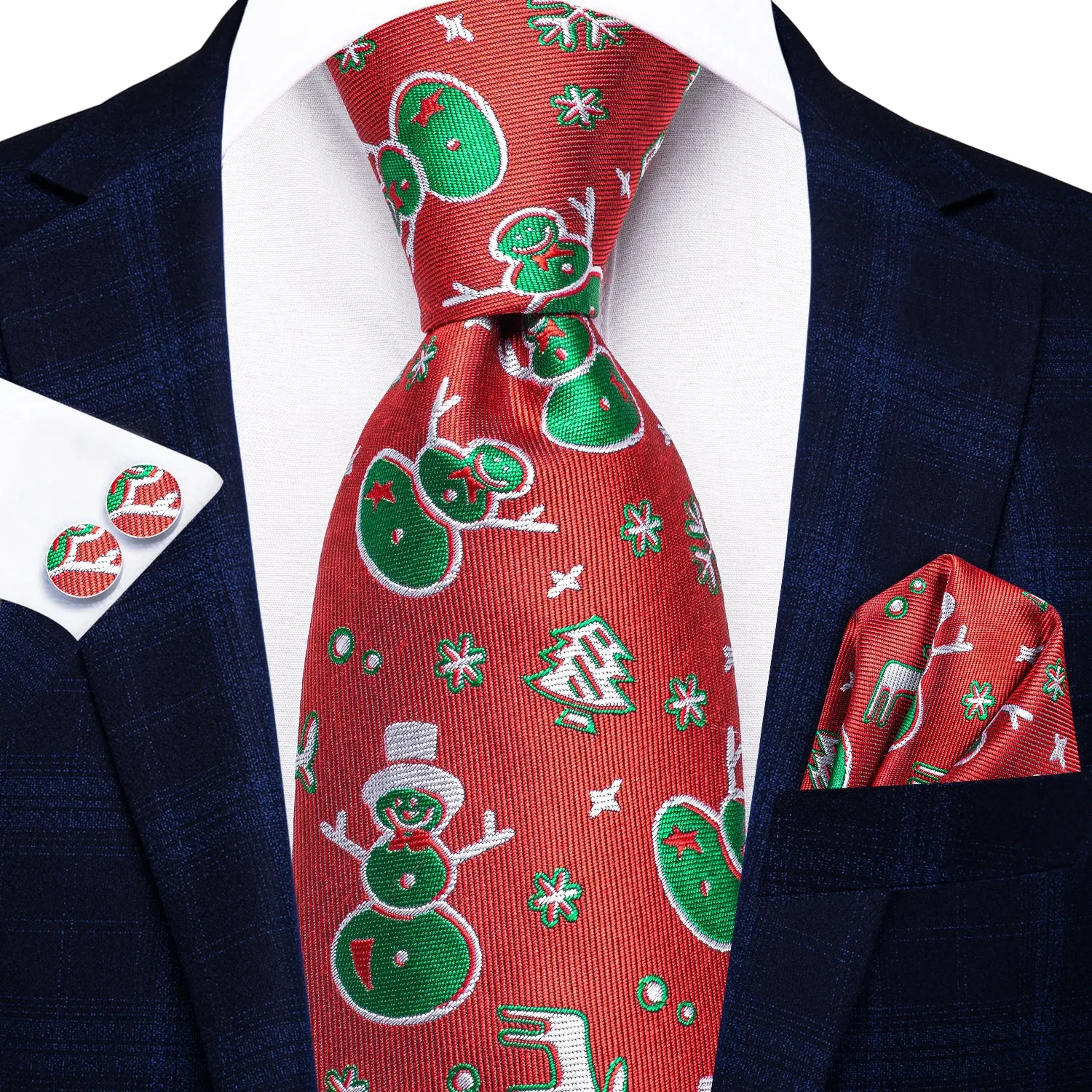 Hi-Tie Red Green Snowman Christmas Necktie Pocket Square Cufflinks Set