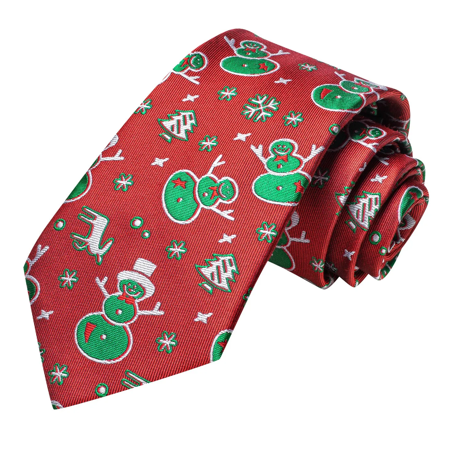 Hi-Tie Red Green Snowman Christmas Necktie Pocket Square Cufflinks Set