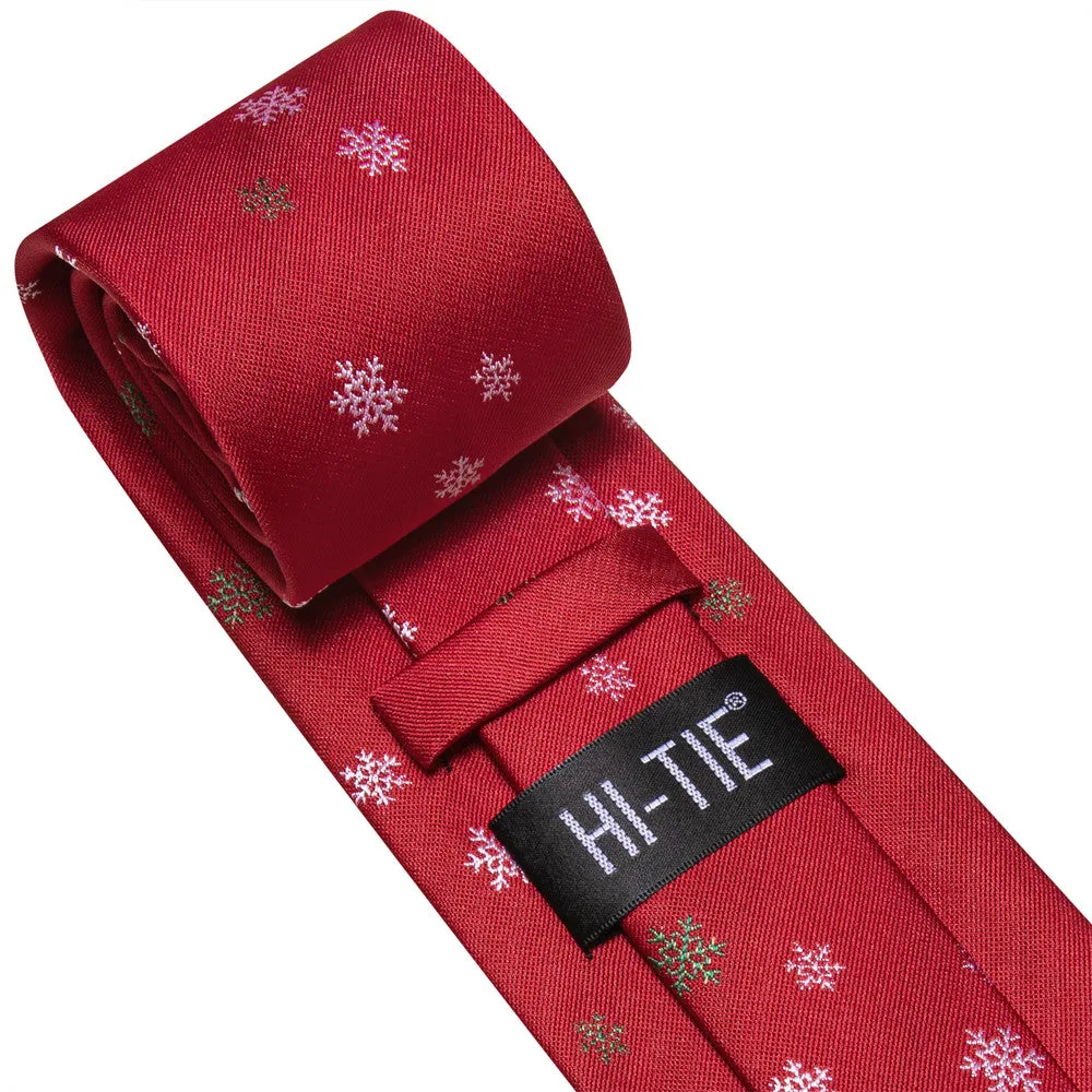 Hi-Tie Red Snow Christmas Tie Pocket Square Cufflinks Set