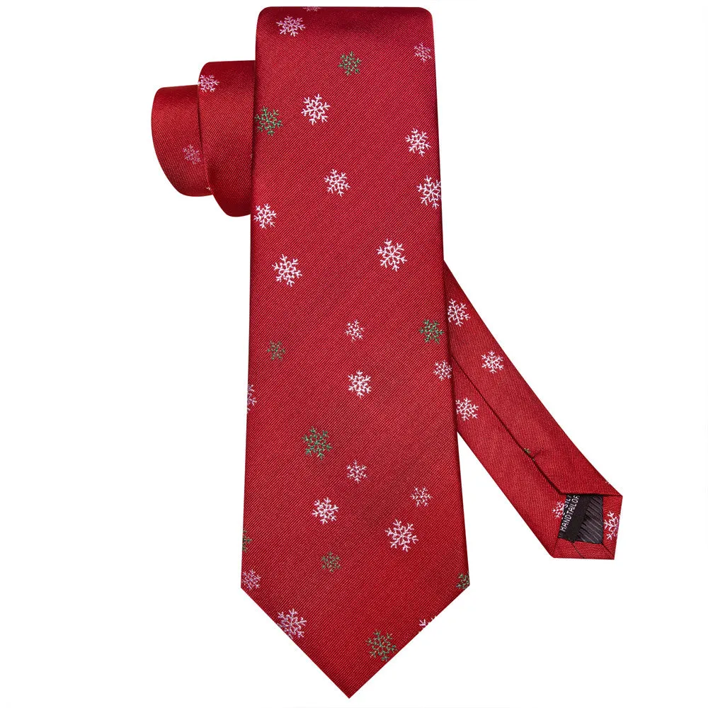 Hi-Tie Red Snow Christmas Tie Pocket Square Cufflinks Set