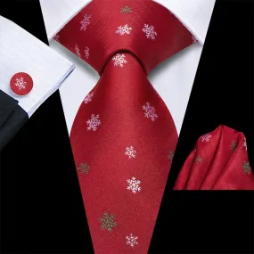 Hi-Tie Red Snow Christmas Tie Pocket Square Cufflinks Set