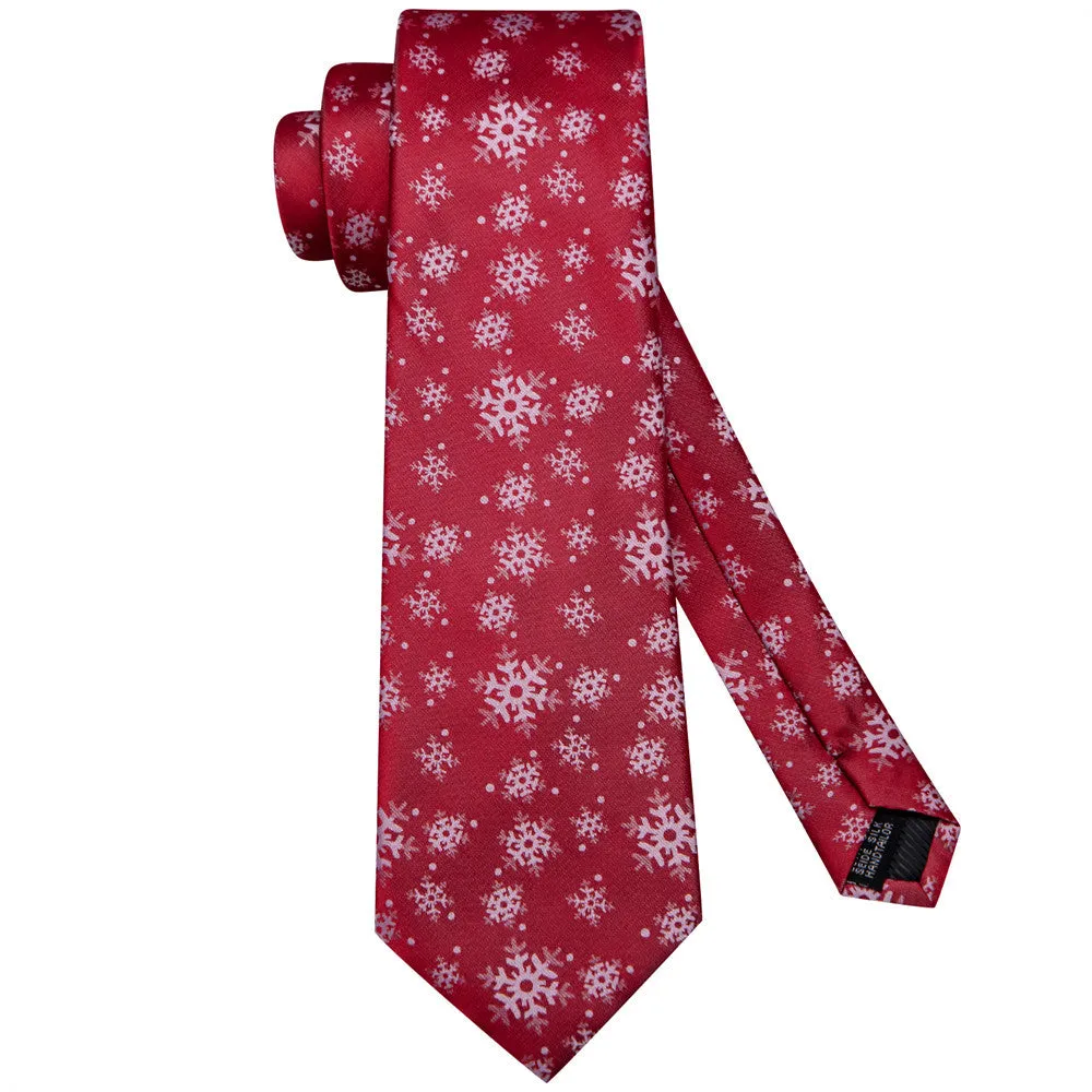 Hi-Tie Red White Snow Christmas Tie Pocket Square Cufflinks Set