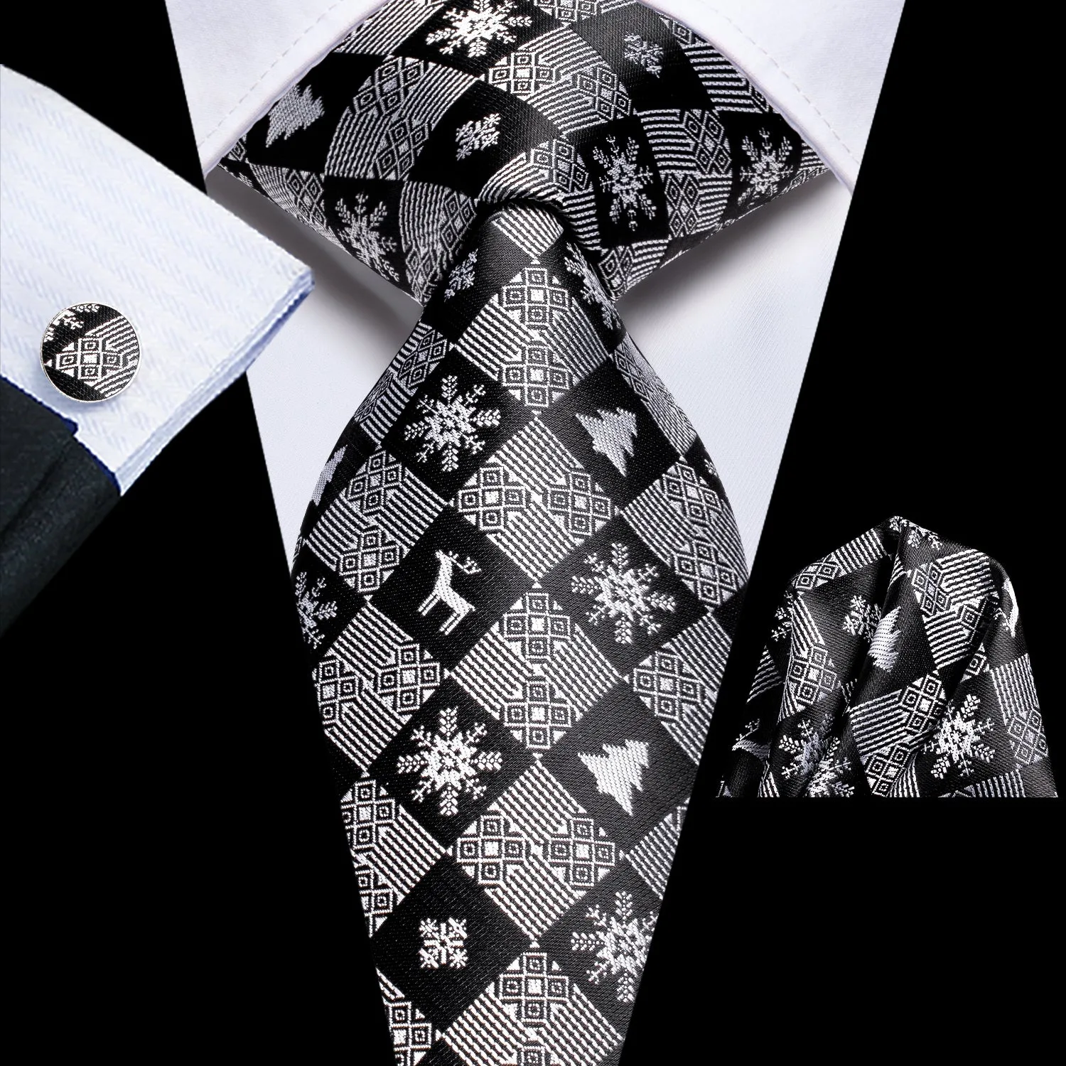 Hi-Tie Silver Grey Necktie Novelty Necktie Pocket Square Cufflinks Set