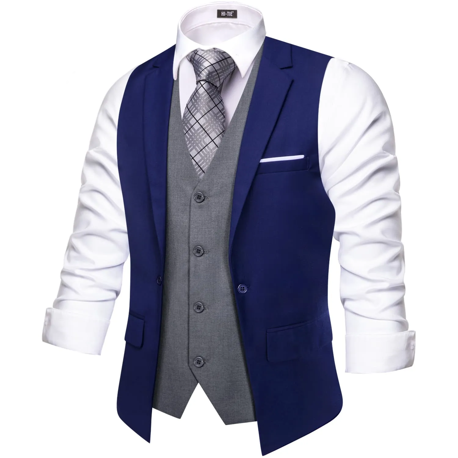 Hi-Tie Suit Vest Layered Waistcoat Navy Blue Gray Vests for Wedding