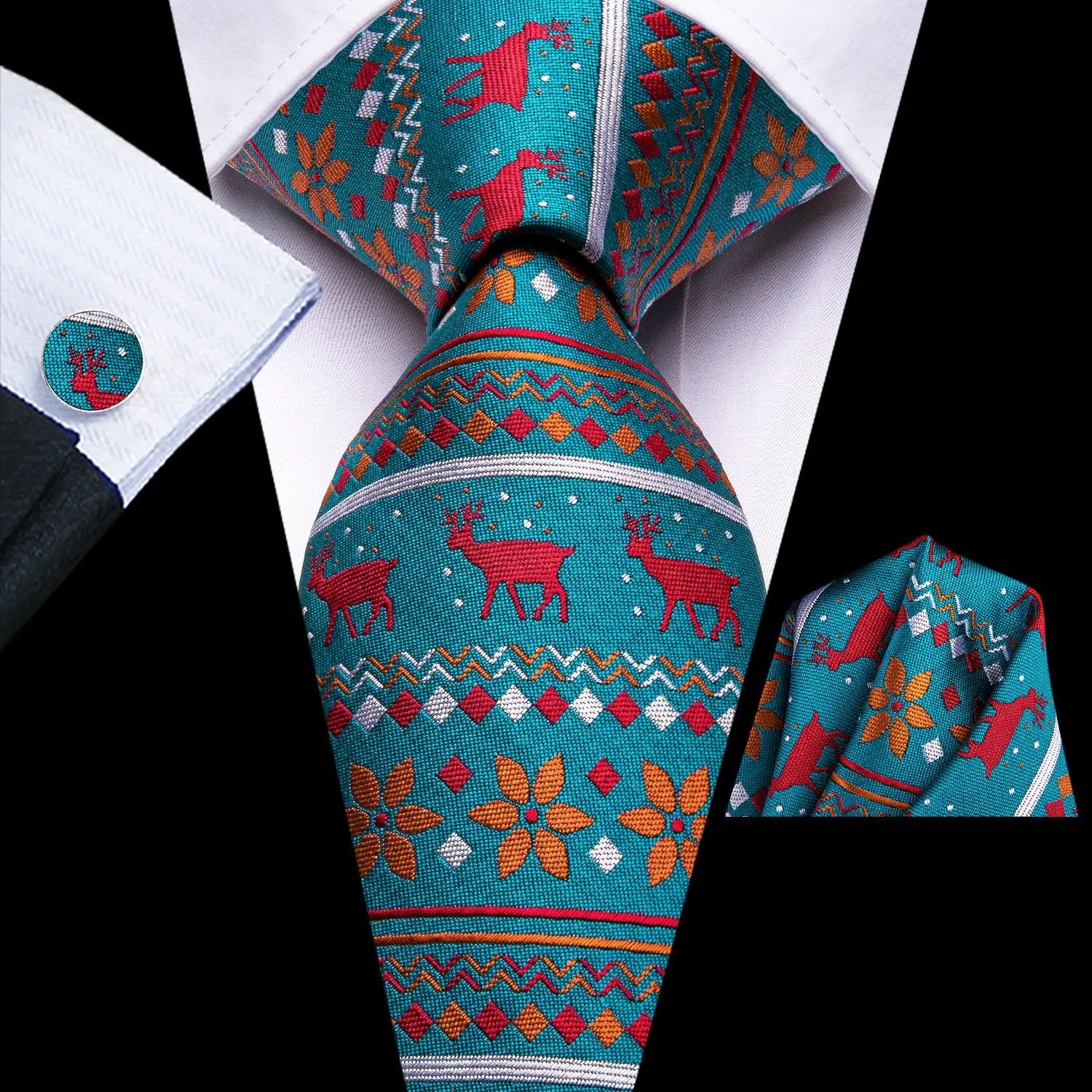 Hi-Tie Teal Festival Necktie Red Orange Pattern Xmas Dinner Tie Set