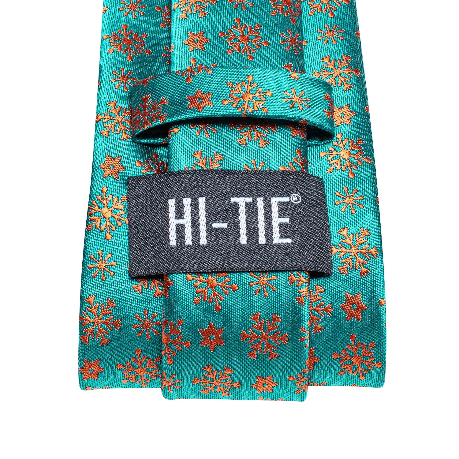 Hi-Tie Teal Orange Snow Christmas Necktie Pocket Square Cufflinks Set