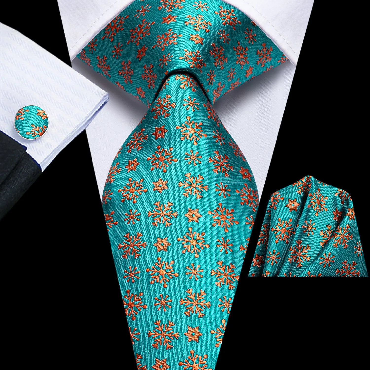 Hi-Tie Teal Orange Snow Christmas Necktie Pocket Square Cufflinks Set