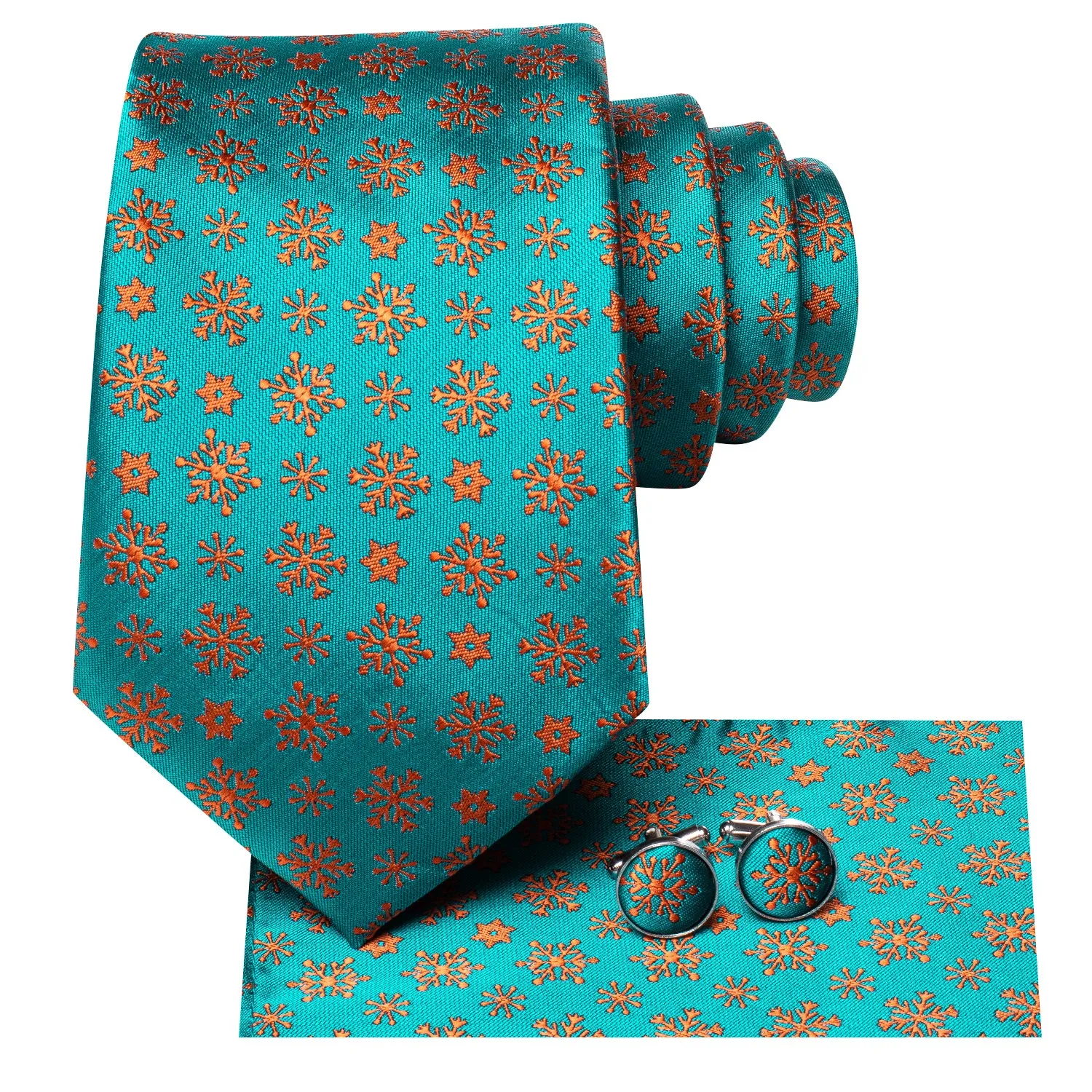 Hi-Tie Teal Orange Snow Christmas Necktie Pocket Square Cufflinks Set