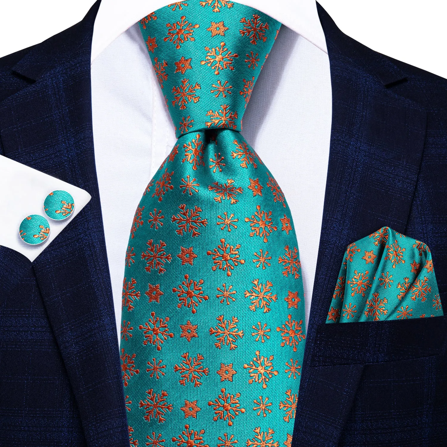 Hi-Tie Teal Orange Snow Christmas Necktie Pocket Square Cufflinks Set