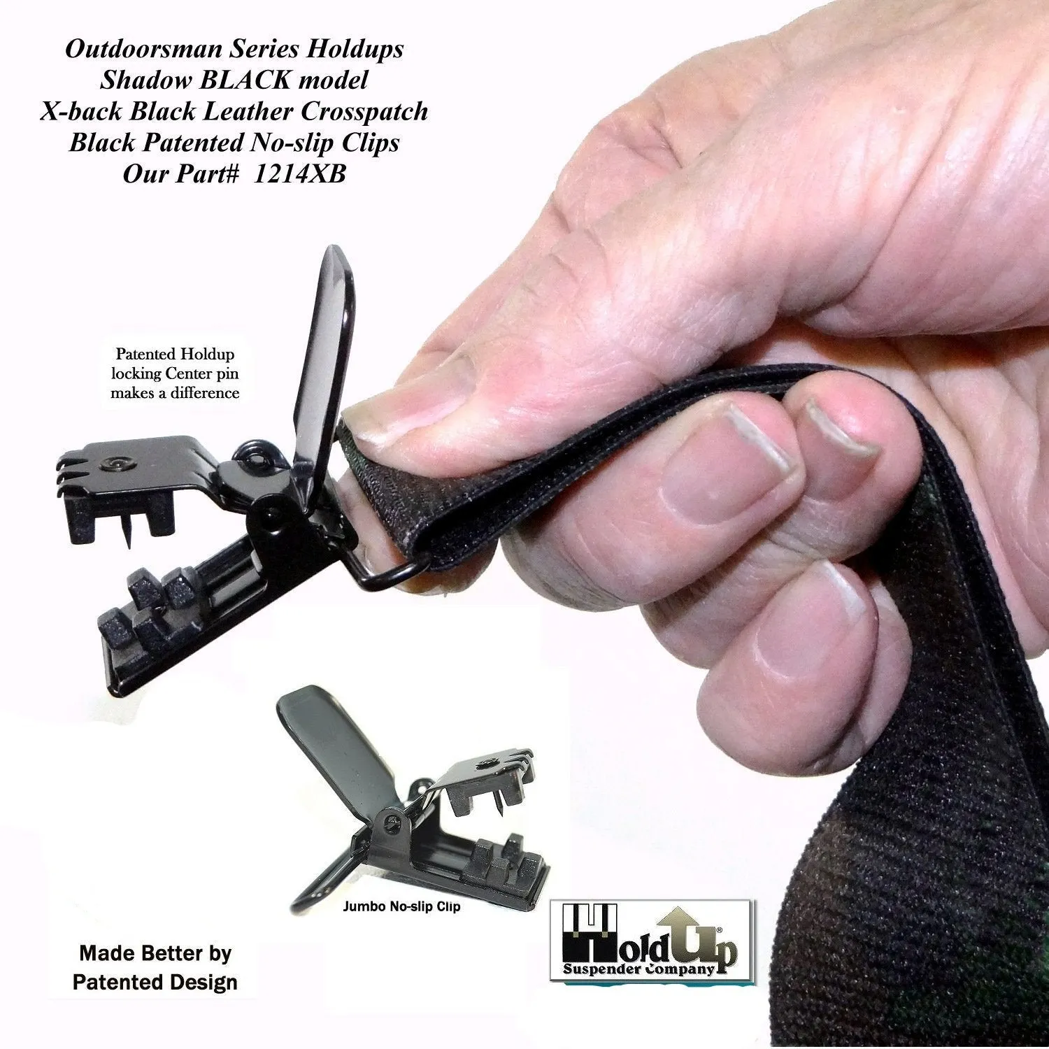 Hold-Up Brand Shadow Black Heavy Duty Work Suspenders are 2" Wide with Jumbo Black USA Patented No-slip Clips