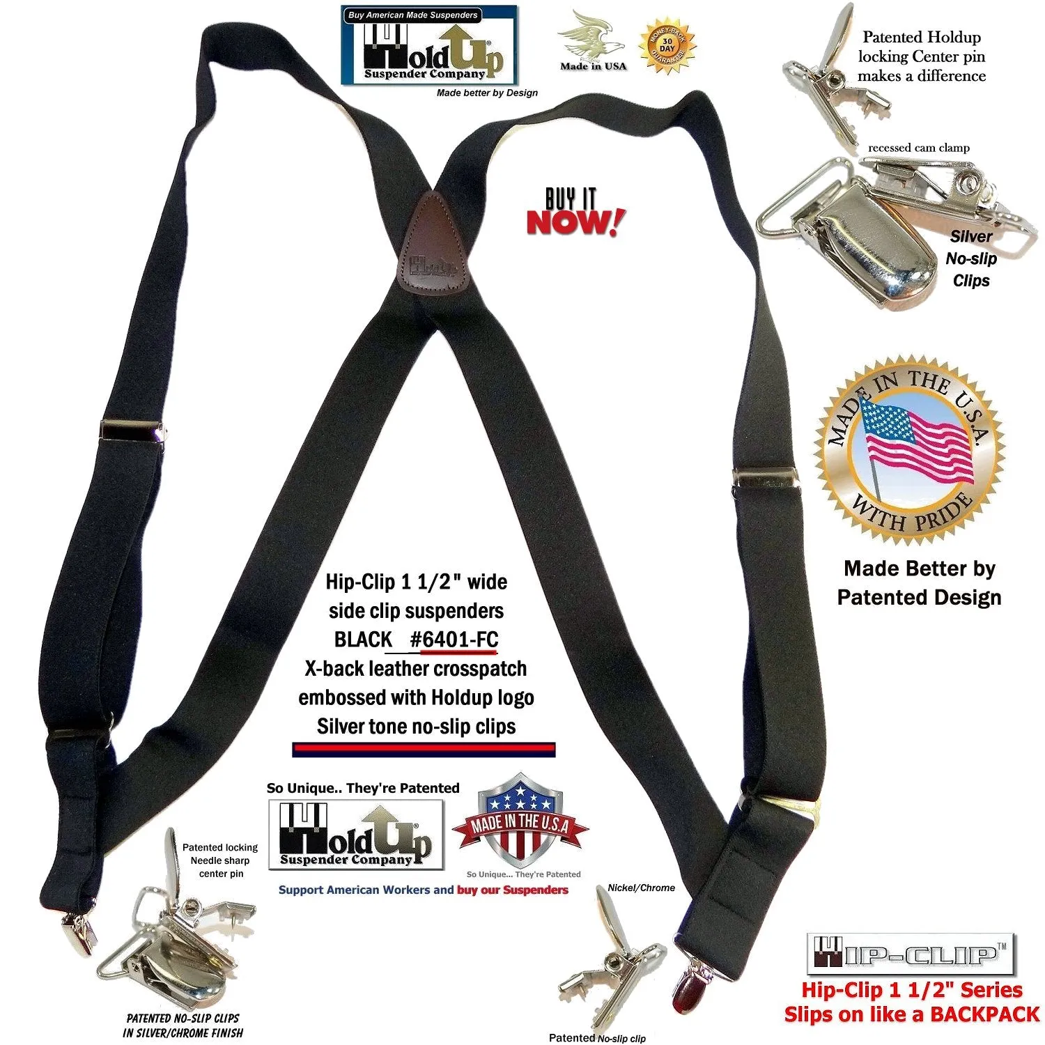 Holdup Brand Black Trucker Style Hip-clip X-back Suspenders with silver No-Slip Clips