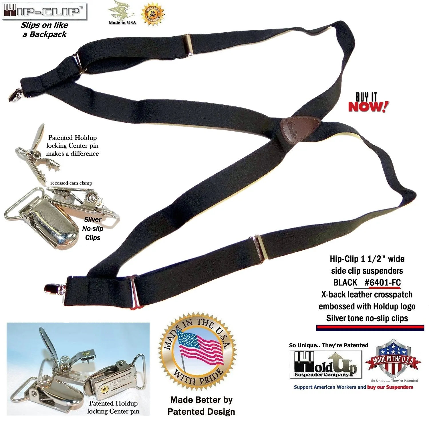 Holdup Brand Black Trucker Style Hip-clip X-back Suspenders with silver No-Slip Clips