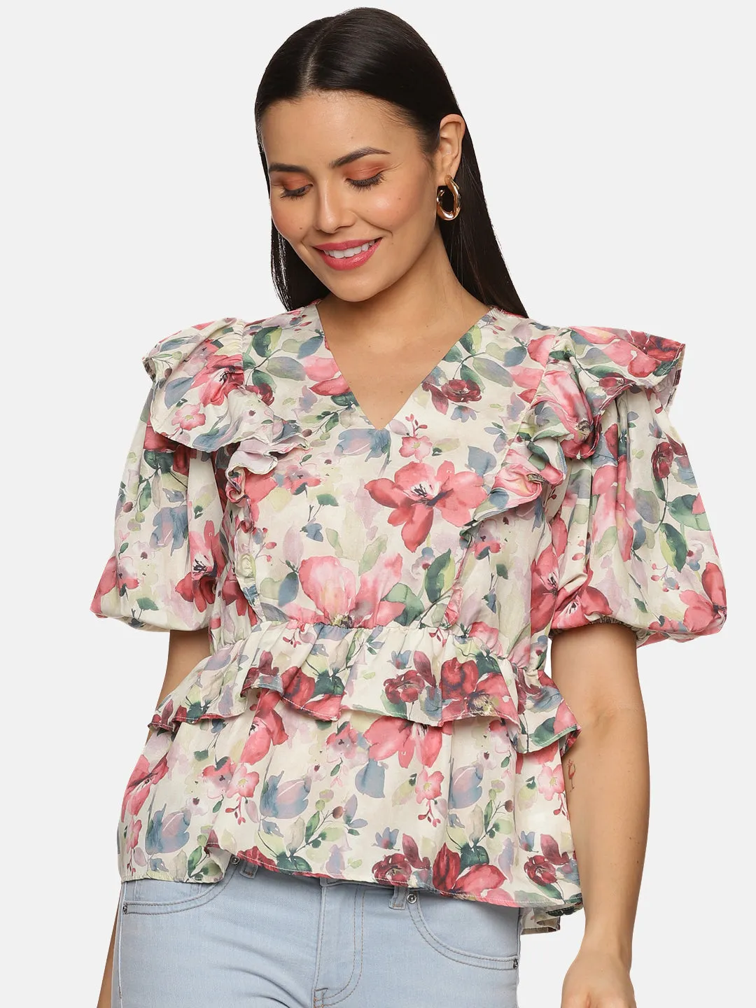 IS.U Floral Multicolor Ruffle Detail Peplum Top