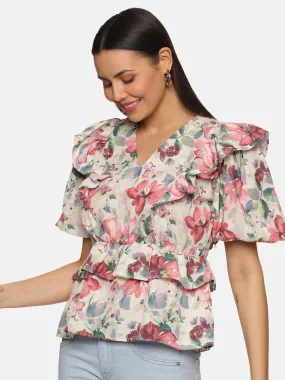 IS.U Floral Multicolor Ruffle Detail Peplum Top