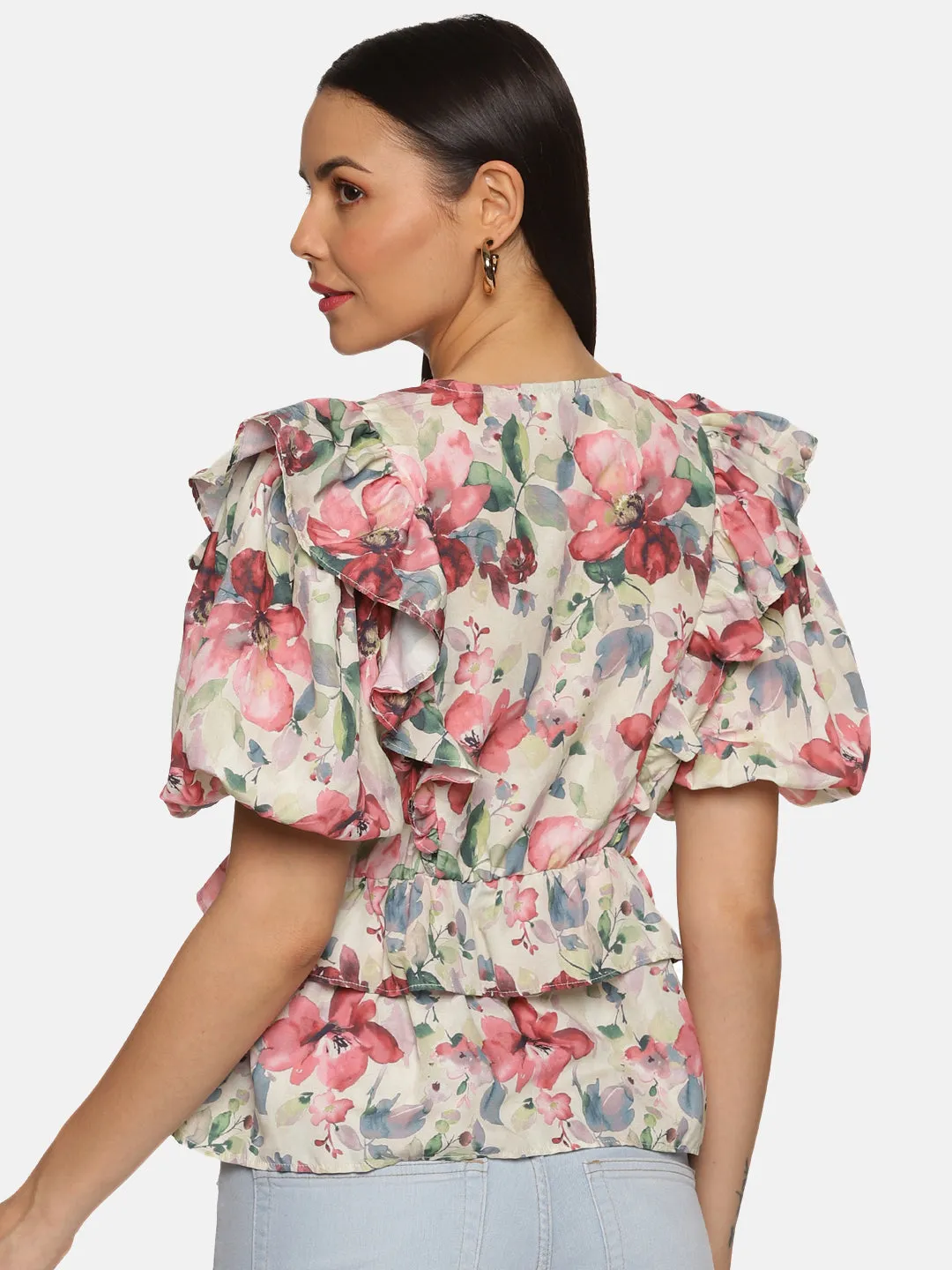 IS.U Floral Multicolor Ruffle Detail Peplum Top